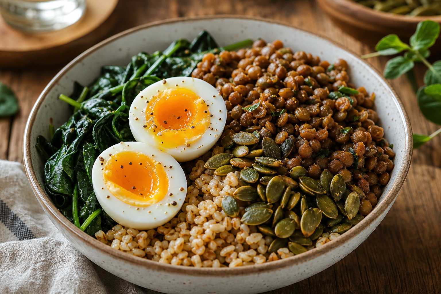 A warm, rustic bowl filled with seasoned green lentils, vibrant wilted spinach, crispy chickpeas, and jammy-soft boiled eggs drizzled with lemon-olive oil dressing on a wooden table.