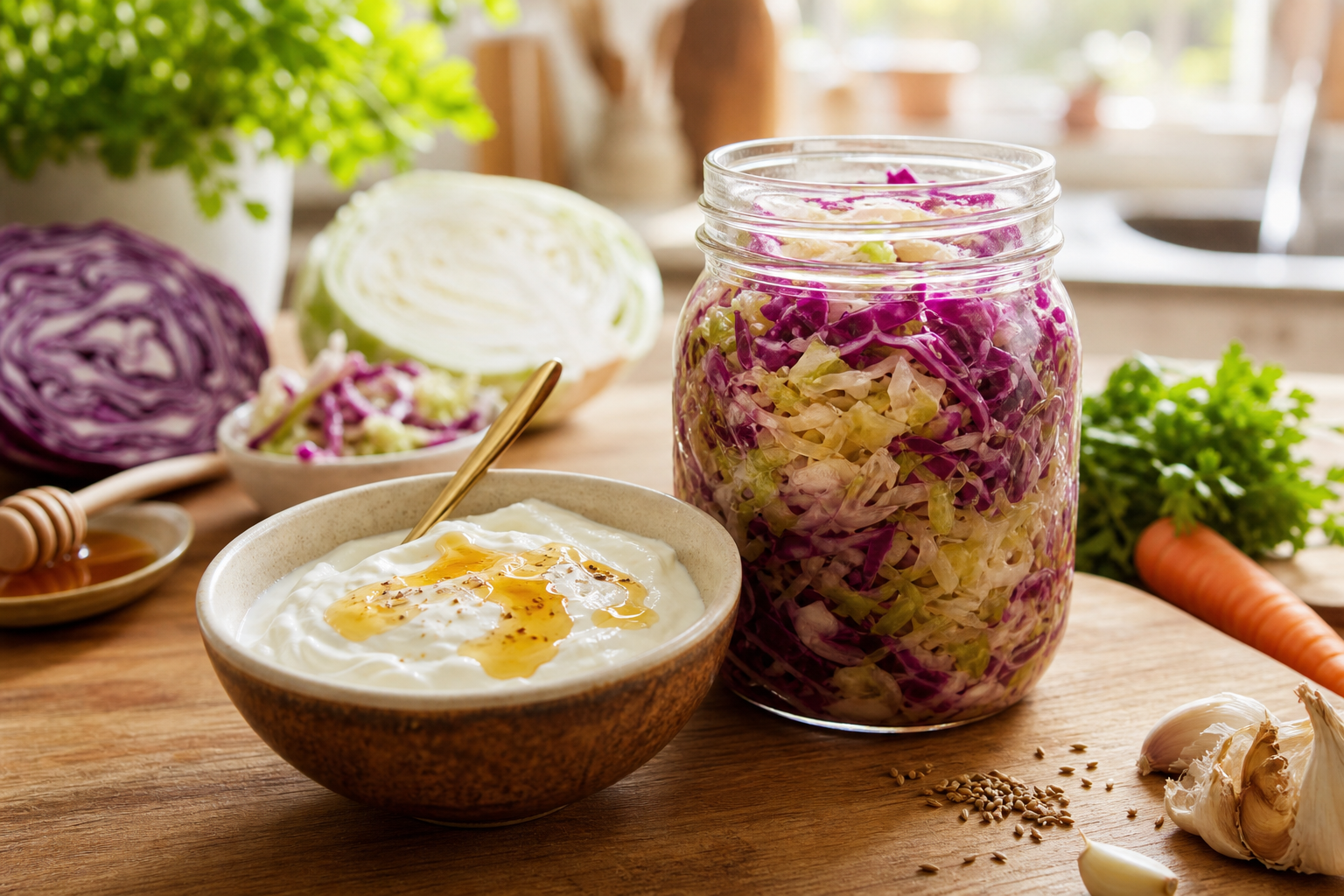 A rustic kitchen counter with an open jar of colorful homemade sauerkraut, a bowl of creamy probiotic yogurt with berries, and fresh cabbage heads.