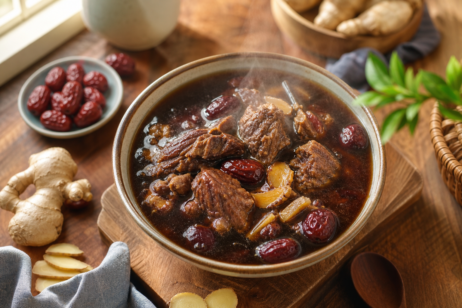 A steaming bowl of rich beef and red date soup with fresh herbs and ginger on a rustic wooden table.