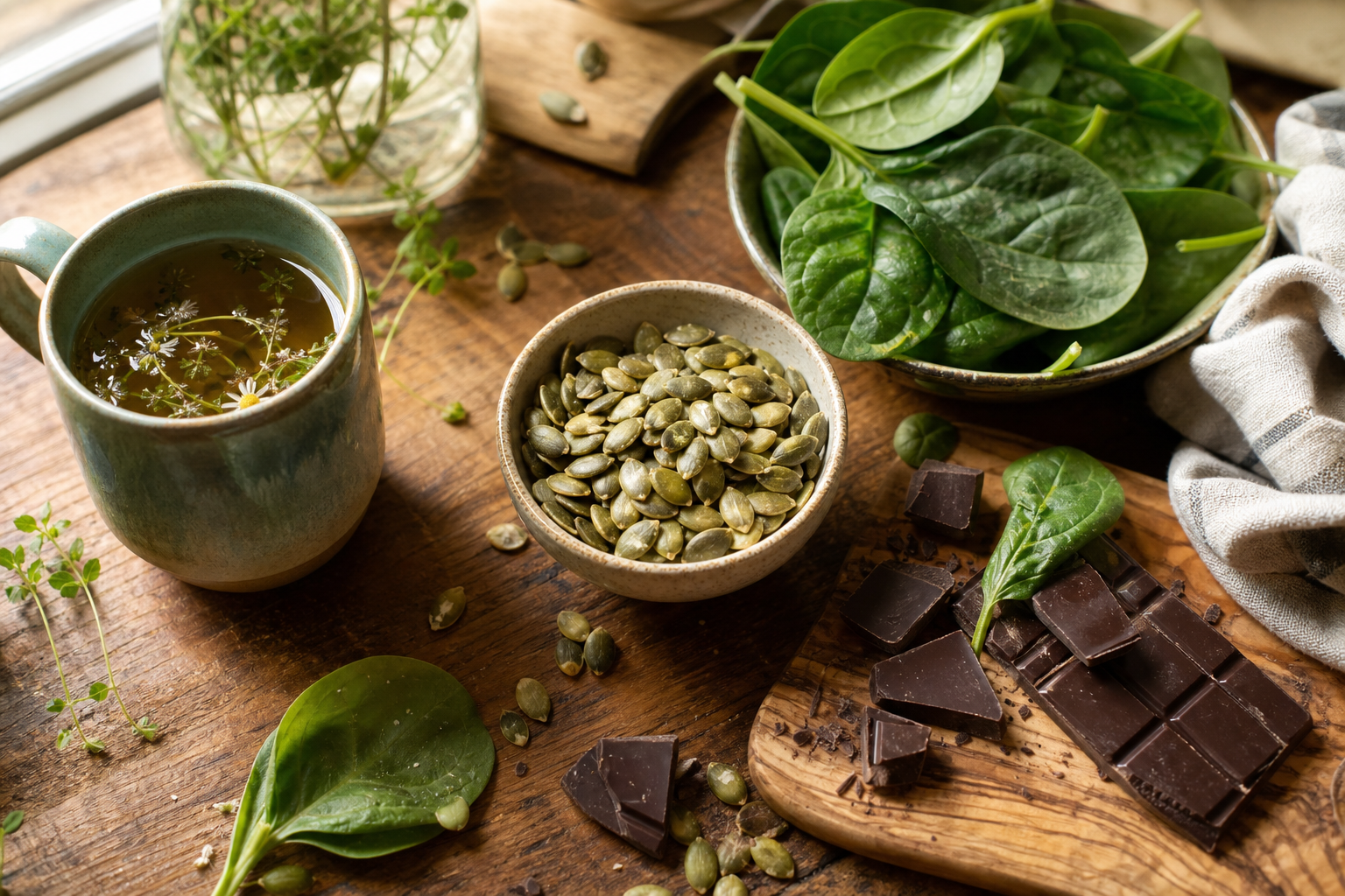 Overhead rustic kitchen scene with pumpkin seeds, dark chocolate, and fresh greens on a wooden table in soft morning light