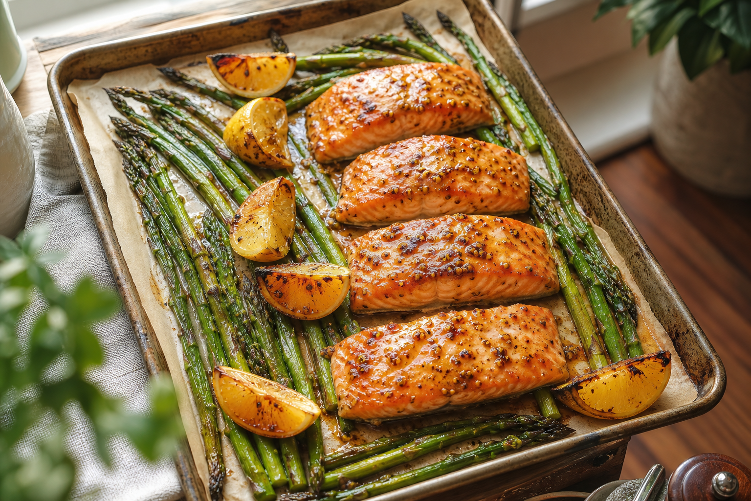 A rustic sheet pan with roasted salmon fillets, asparagus spears, and lemon wedges on parchment paper with warm lighting