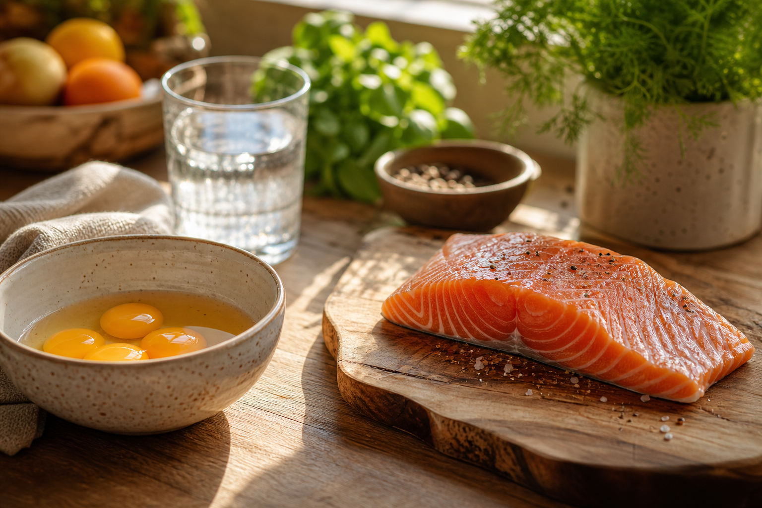 A bright kitchen counter with a bowl of farm-fresh eggs with golden yolks, a piece of fresh salmon, and a warm splash of morning sunlight.